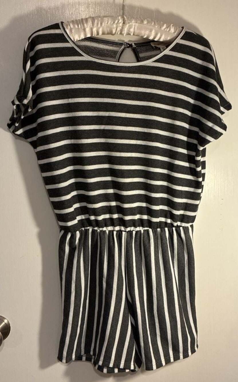See You Monday Black and White Striped Short Sleeve Keyhole Back Romper Size M